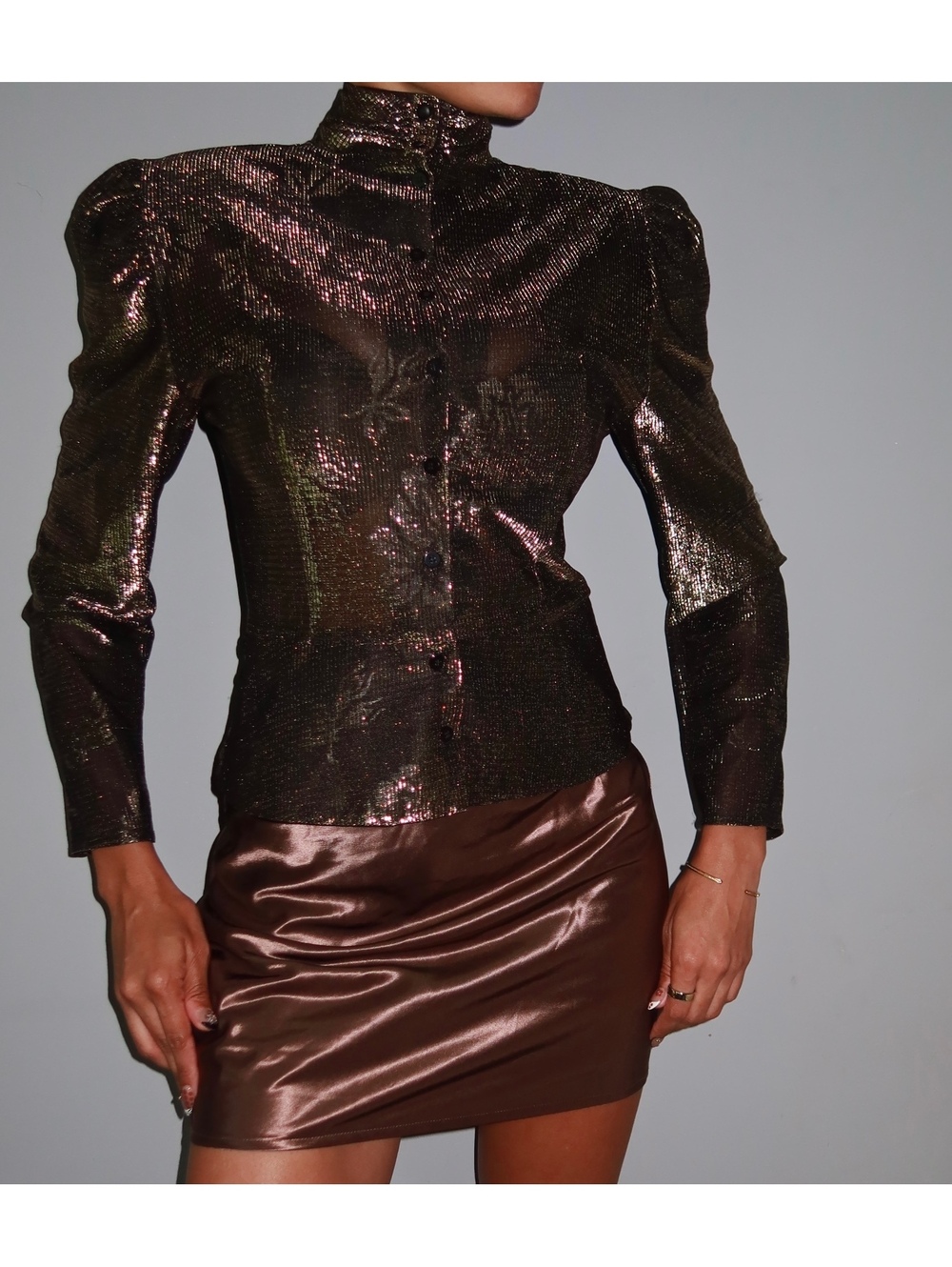 Vintage 80s Metallic Bronze Sheer Puff Shoulder Button Up Blouse